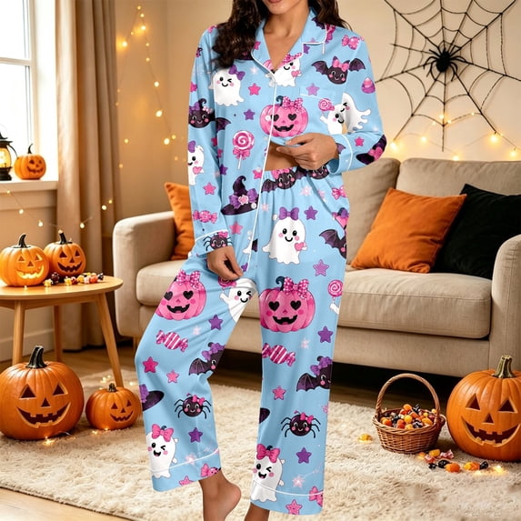 Huowey Women'S Halloween Pajamas Set Long Sleeve Button Down Tops And Pants 2 PC Bow Ghost Pumpkin Graphic Lapel Eye-Catching Summer Sleepwear,Light Blue,S