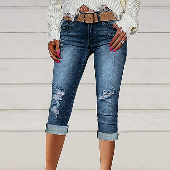 Huowey Women'S Jean Shorts Knee Length Denim Pants High Waist Slim Fit Vintage Distressed Ripped Trousers With Pockets Summer Casual Fashionable Bermuda Shorts Cropped Pants,Blue,XXL