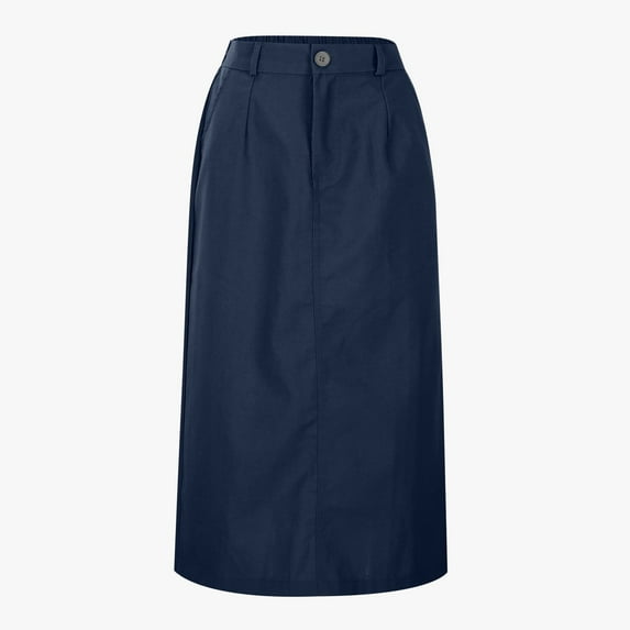 Huowey Women'S Linen Long Skirt Solid Color High Waist Spring Summer Tube Midi Skirt With Pockets Stylish School Uniform Casual Cozy Working Dailywear,Navy,XL