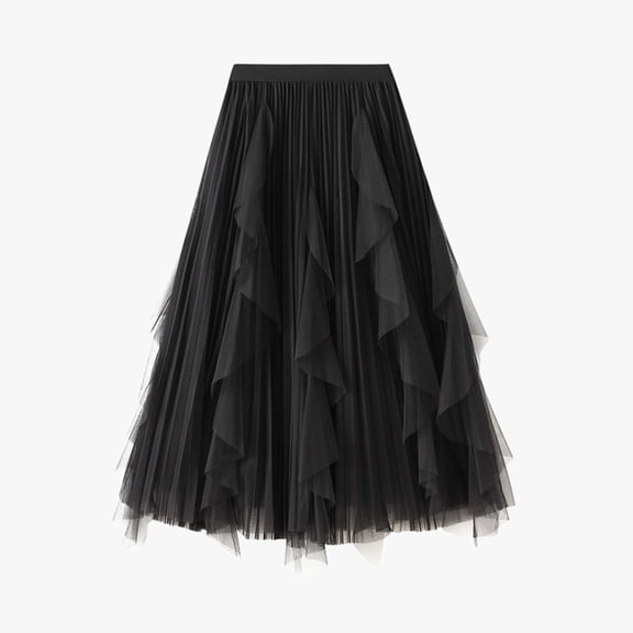 Huowey Women'S Midi Skirt Solid Colot High Waisted Ruffled Tiered Mesh Pleated A Line Elegant Flowy Long Tulle Skirt Cocktail Party Wedding Guest Dailywear,Black,One Size