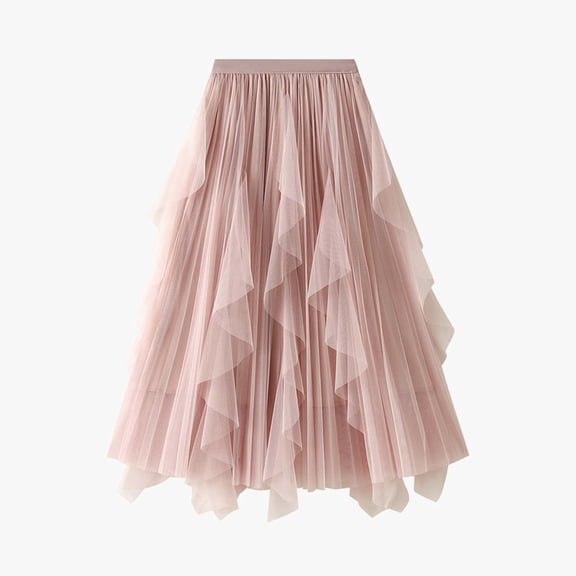 Huowey Women'S Midi Skirt Solid Colot High Waisted Ruffled Tiered Mesh Pleated A Line Elegant Flowy Long Tulle Skirt Cocktail Party Wedding Guest Dailywear,Pink,One Size