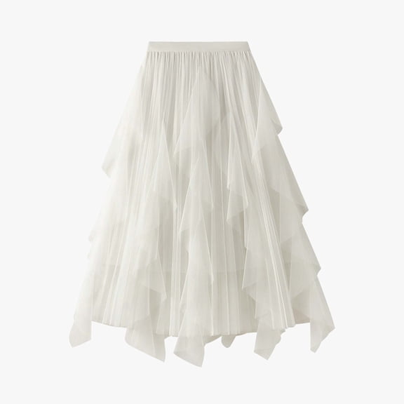 Huowey Women'S Midi Skirt Solid Colot High Waisted Ruffled Tiered Mesh Pleated A Line Elegant Flowy Long Tulle Skirt Cocktail Party Wedding Guest Dailywear,White,One Size