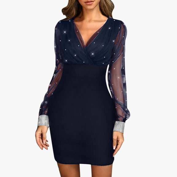 Huowey Women'S Mini Bodycon Sequin Dress Solid Color Deep V Neck Mesh Long Sleeve Ruched Slim Fit A-Line Breathable Cozy Casual Elegant Stylish Mini Dresses,Navy,M