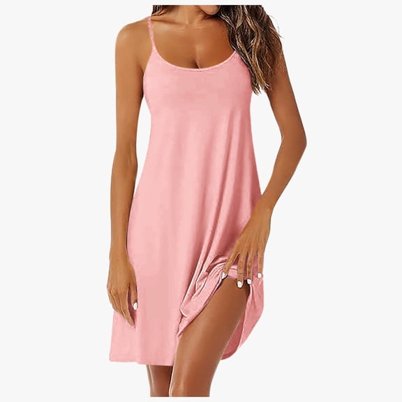 Huowey Women'S Nightdress Stain Skill V-Neck Sleeveless Spaghetti Strap Dressing Gown Solid Color Short Sleepwear Night Dress Short Negligees Chemise,Pink,XL
