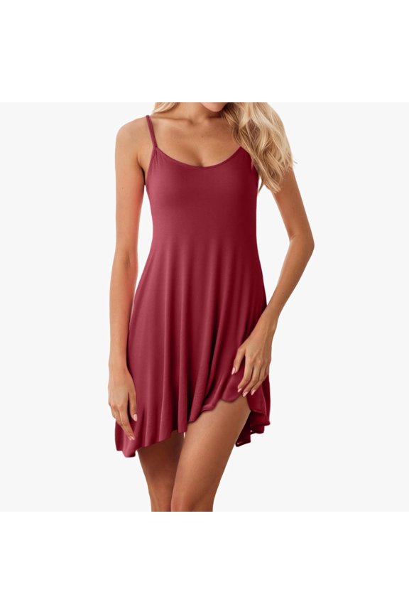 Women'S Nightdress Stain Skill V-Neck Sleeveless Spaghetti Strap Dressing Gown Solid Color Short Sleepwear Night Dress Short Negligees Chemise,Red,XXL