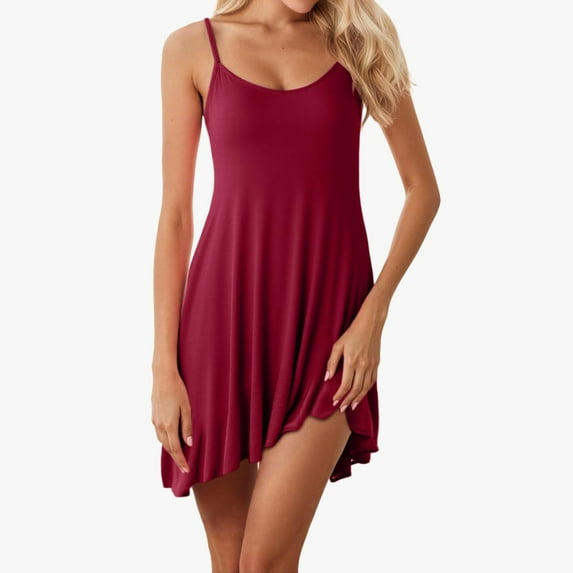 Huowey Women'S Nightdress Stain Skill V-Neck Sleeveless Spaghetti Strap Dressing Gown Solid Color Short Sleepwear Night Dress Short Negligees Chemise,Wine,L