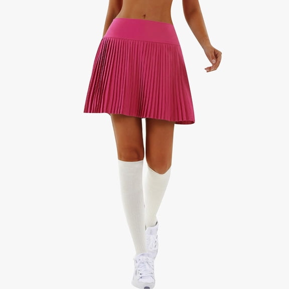 Huowey Women'S Pleated Tennis Skirt Solid Color High Waist Sports School Uniform Skirts Stylish A-Line Skater Skirts With Lining Shorts Athletic Skort ,Hot Pink,XL
