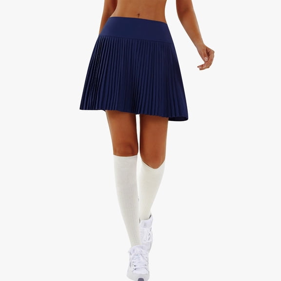 Huowey Women'S Pleated Tennis Skirt Solid Color High Waist Sports School Uniform Skirts Stylish A-Line Skater Skirts With Lining Shorts Athletic Skort ,Navy,M