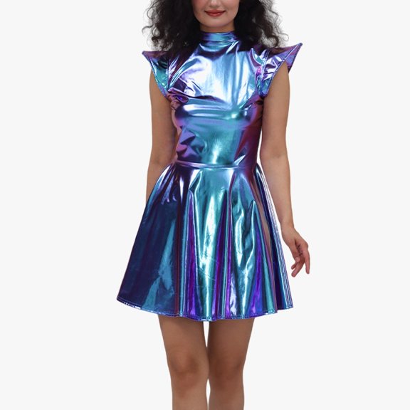 Huowey Women'S Sequin Dress Leather Fly Sleeveless Solid Solid Color Turtleneck High Waist Ruched Pleated A-Line Stylish Cool Motorcycle Dresses,Blue,M