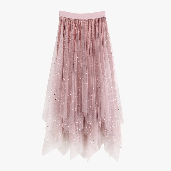 Huowey Women'S Sequin Tutu Skirt Long Irregular Hem High Waist Ruffles Layered Solid Color Spring Summer Star Sequins Velvet Lined A-Line Tulle Mesh Skirt,Pink,One Size