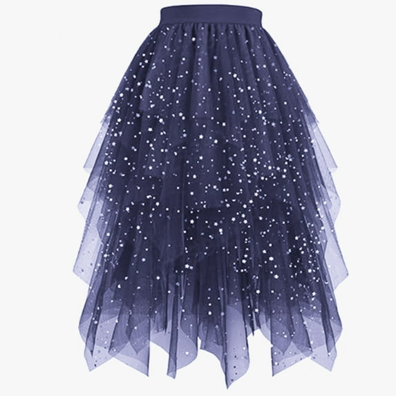 Huowey Women'S Sequin Tutu Skirt Long Irregular Hem High Waist Ruffles Layered Solid Color Spring Summer Star Sequins Velvet Lined A-Line Tulle Mesh Skirt,Navy,S