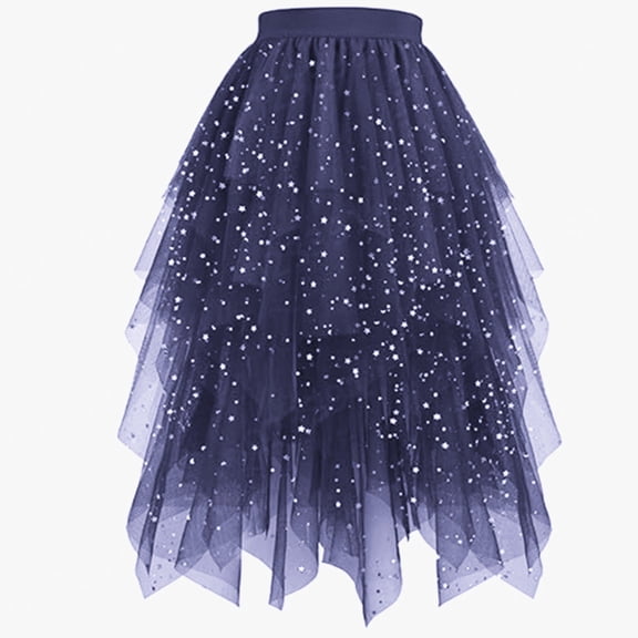 Huowey Women'S Sequin Tutu Skirt Long Irregular Hem High Waist Ruffles Layered Solid Color Spring Summer Star Sequins Velvet Lined A-Line Tulle Mesh Skirt,Navy,M