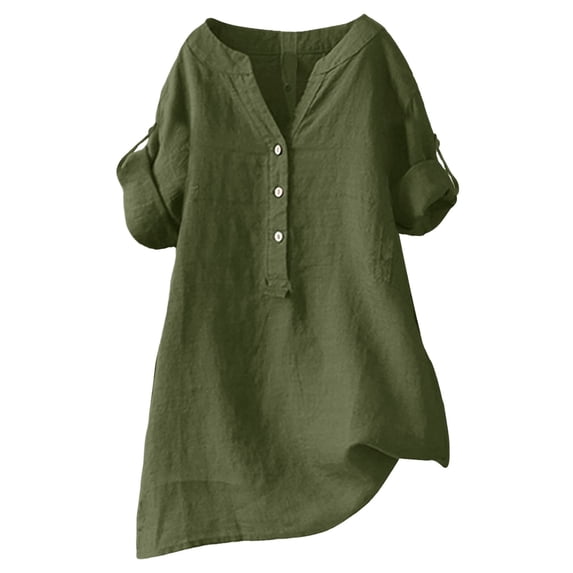 Huowey Women'S Shirt Dress Loose Fit Solid Color V-Neck 3/4 Sleeve Button Down Casual Breathable Cozy Blouse Oversized Linen Tunic Top Fashionable Lightweight Vacation Clothes Tees,Green,S