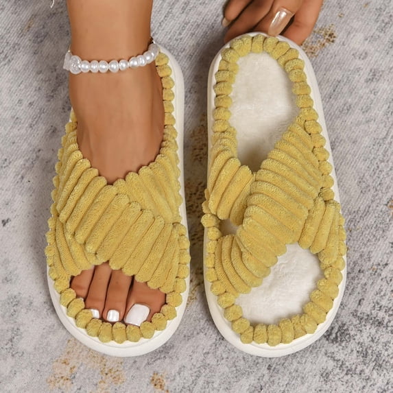 Huowey Women'S Slippers Fuzzy House Open Toe Cross Band Cozy Slippers Soft Sole Winter Home Shoes,Yellow,Size 10