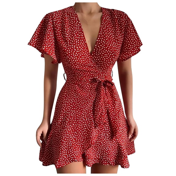 Huowey Women'S Summer Floral Dresses Deep V-Neck Short Sleeve Ruffles Flower Print Belt High Waist Casual Tiered Layered Fashionable Cozy Dress,Red,XL