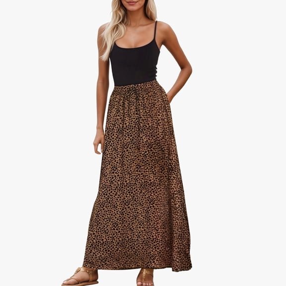 Huowey Women'S Summer Skirts High Waist Long Leopard Print Casual A Line Midi Skirt Vacation Comfortable Stretchy Soft Flowy Chiffon Elastic Waist Maxi Skirts,Brown,XXL
