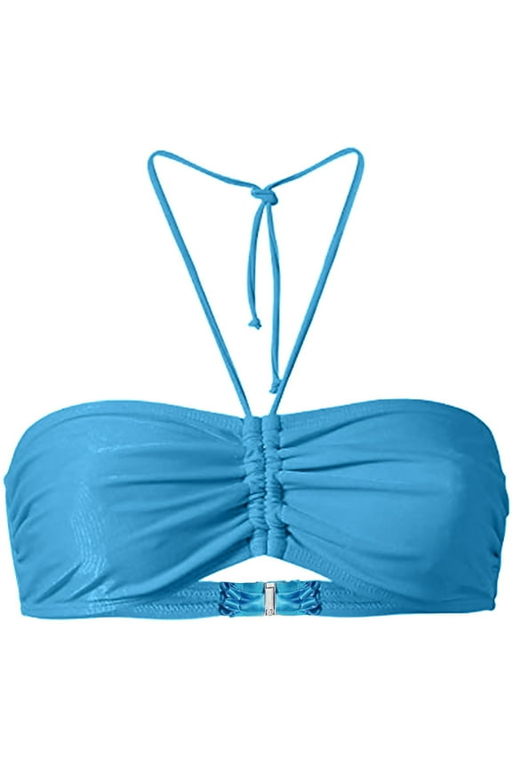 Women'S Summer Swimsuit Halter Bandeau Ruffles Top Tube Backless Solid Color Swimwear Lace Up Cheeky Beachwear Breathable Fashionable Bathing Suits,Blue,L