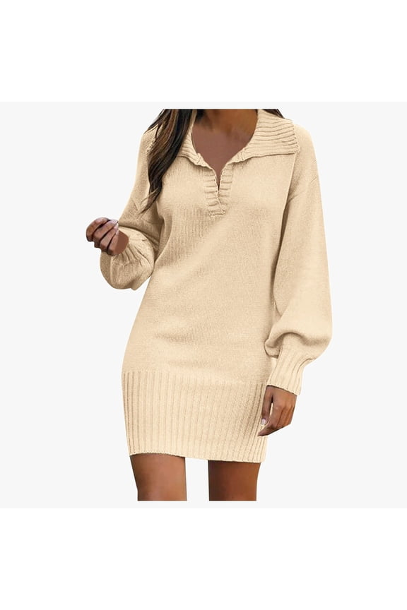 Women'S Sweater Dress Long Lantern Sleeve 1/4 Zipper Up Loose Fit Fashionable Solid Color Knitted Ribbed Medium Length Wool Dresses Pullover Jumper Sweaters,Beige,XXL
