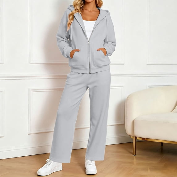 Huowey Women'S Sweatsuits 2 Piece Set Fall Loungewear Outfits Zip Up Hoodie And Pants Long Sleeve Trendy Travel Clothes,Grey,M