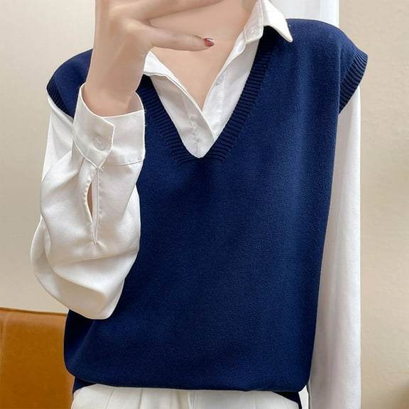 Huowey Women'S Vest Knit Sweater Vest Sleeveless Pullover V-Neck Oversized Cardigan Layering Loose Fit Solid Color Cozy Soft Dailywear Casual Loose Sweatshirt,Dark Blue,S