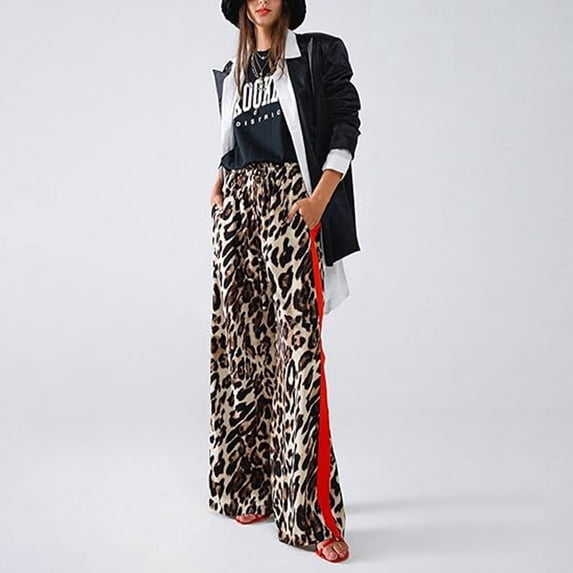 Huowey Women'S Wide Leg Sweatpants Fashionable Leopard Print Summer Thin Casual Pants Drawstring Side Stripes Straight Leg Loose Baggy Breathable Pants Fashion Trousers,White,S