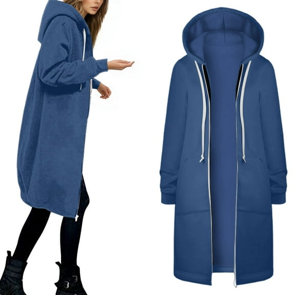 Huowey Women'S Winter Jacket Hooded Full Zip Up Knee Length Coat With Front Pockets Long Sleeve Loose Fit Oversized Tunic Sweatshirt Soft Casual Comfortable Trench Coat Streetwear