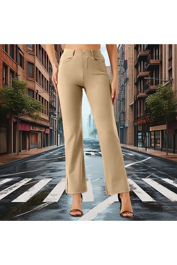 Women'S Work Pants Front Flat Solid Color Dress Pants High Elastic Waisted Trousers Straight Wide Leg Pants Button Down Casual Trousers With Pockets Summer Lightweight Leggings,Beige,L