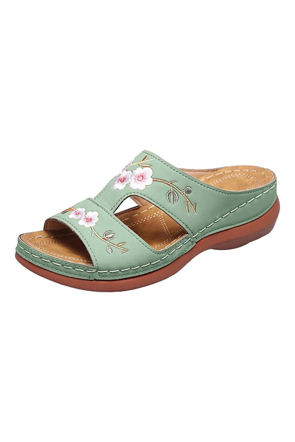 Women Sandals Floral Embroidery Hollow Out Slide Open Toe Insole Platform Wedge On Mules Lightweight Casual Summer Walking Comfort Breathable Slipper,Green,8
