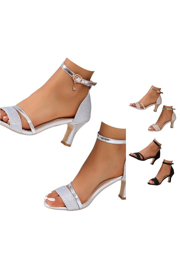 Women Sandals Sparkly Open Toe Ankle Strap Dress Shoes Comfortable Low Heel Party Wedding Prom Evening Events Elegant Glitter Stilettos For Summer Footwear,Silver,6.5