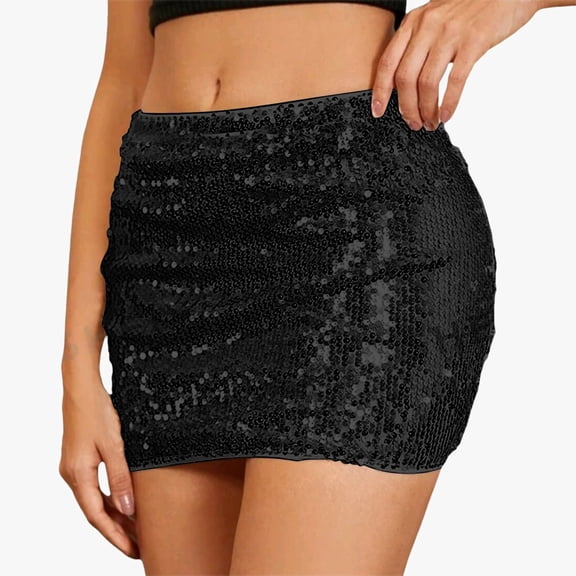 Huowey Women Sequin Mini Skirts Solid Color Sparkling Short Skirt Glitter Shiny Low Rise Bodycon Skirts Night Out Dance Club Rave Party Belly Streetwear,Black,M