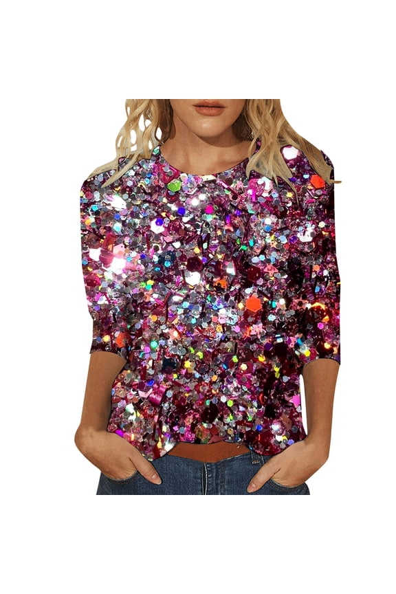 Women Shiny Sequin 3/4 Sleeve T Shirt Round Neck Thin Casual Three Quarter Sleeve Shirts Evening Party Night Clubwear Blouse Top Basic Fashion Dressy Clothes,Hot Pink,S