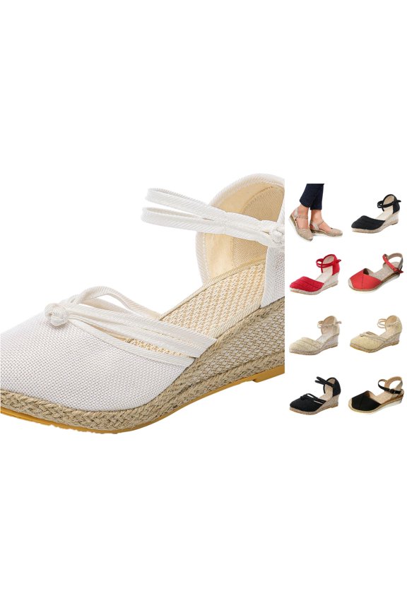 Women Shoes Sandals Platform Wedge Knot Espadrille Square Toe Double Strap Ankle Wrap Thicken Insole Lightweight Retro Casual Summer Walking Comfort Shoes,1-White,9