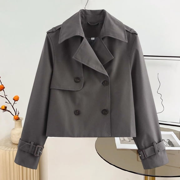 Huowey Women Short Trench Coat Double Breasted Casual Long Sleeve Lapel Notched Collar Jacket Cool Motorcycle Cropped Coat Street Wear,Dark Gray,M