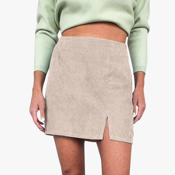 Huowey Women Skirt Elegant Corduroy Wrap Solid Color Bodycon Slim Fit High Waisted Midi Pencil Fall Winter Holiday Classic Casual Cozy Fashionable Stretch Skirts,Beige,S