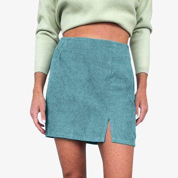 Huowey Women Skirt Elegant Corduroy Wrap Solid Color Bodycon Slim Fit High Waisted Midi Pencil Fall Winter Holiday Classic Casual Cozy Fashionable Stretch Skirts,Blue,S