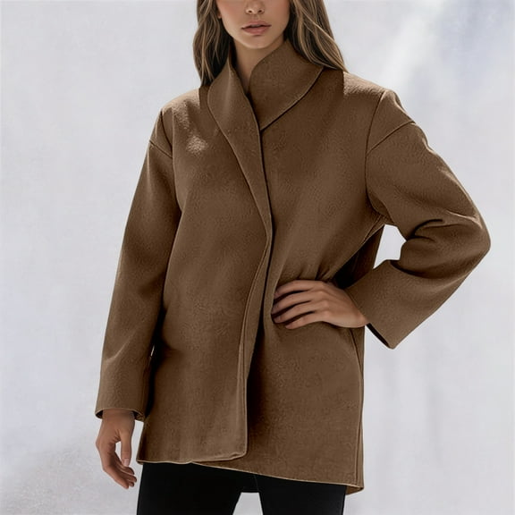 Huowey Women Stylish Jacket Long Sleeve Turndown Collar Wool Coat Short Overcoat Winter Thick Warm Loose Fit Relaxed Casual Outwear,Coffee,M