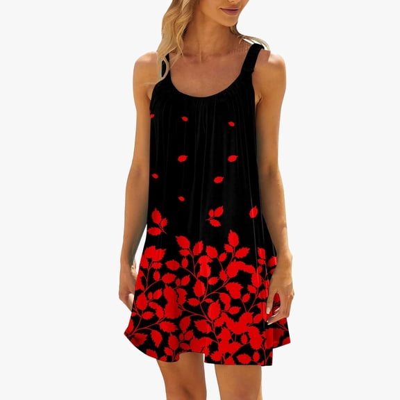 Huowey Women Summer Beach Mini Dress Round Neck Sleeveless Floral Print Ruffles Backless A-Line Casual Breathable Soft Cozy Vacation Stylish Dresses Dailywear,Red,M