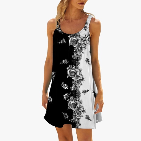 Huowey Women Summer Beach Mini Dress Round Neck Sleeveless Floral Print Ruffles Backless A-Line Casual Breathable Soft Cozy Vacation Stylish Dresses Dailywear,Dark Gray,M