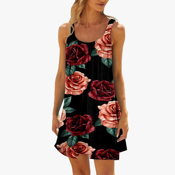 Huowey Women Summer Beach Mini Dress Round Neck Sleeveless Floral Print Ruffles Backless A-Line Casual Breathable Soft Cozy Vacation Stylish Dresses Dailywear,Wine,M