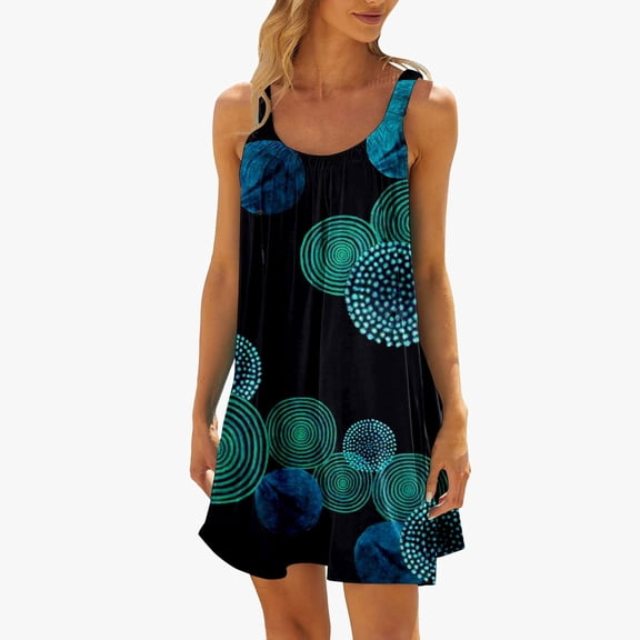 Huowey Women Summer Beach Mini Dress Round Neck Sleeveless Floral Print Ruffles Backless A-Line Casual Breathable Soft Cozy Vacation Stylish Dresses Dailywear,Green,M