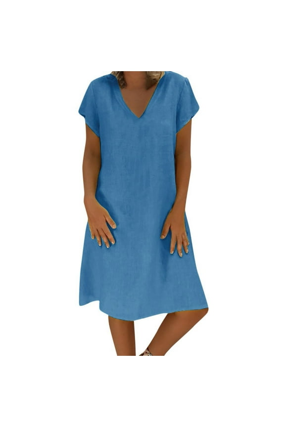 Women Summer Dress Casual Short Sleeve Classic Solid Color V-Nevk Loose Oversized Midi Dresses Linen Cotton T-Shirt Dress For Ladies Breathable Dailywear,Blue,L