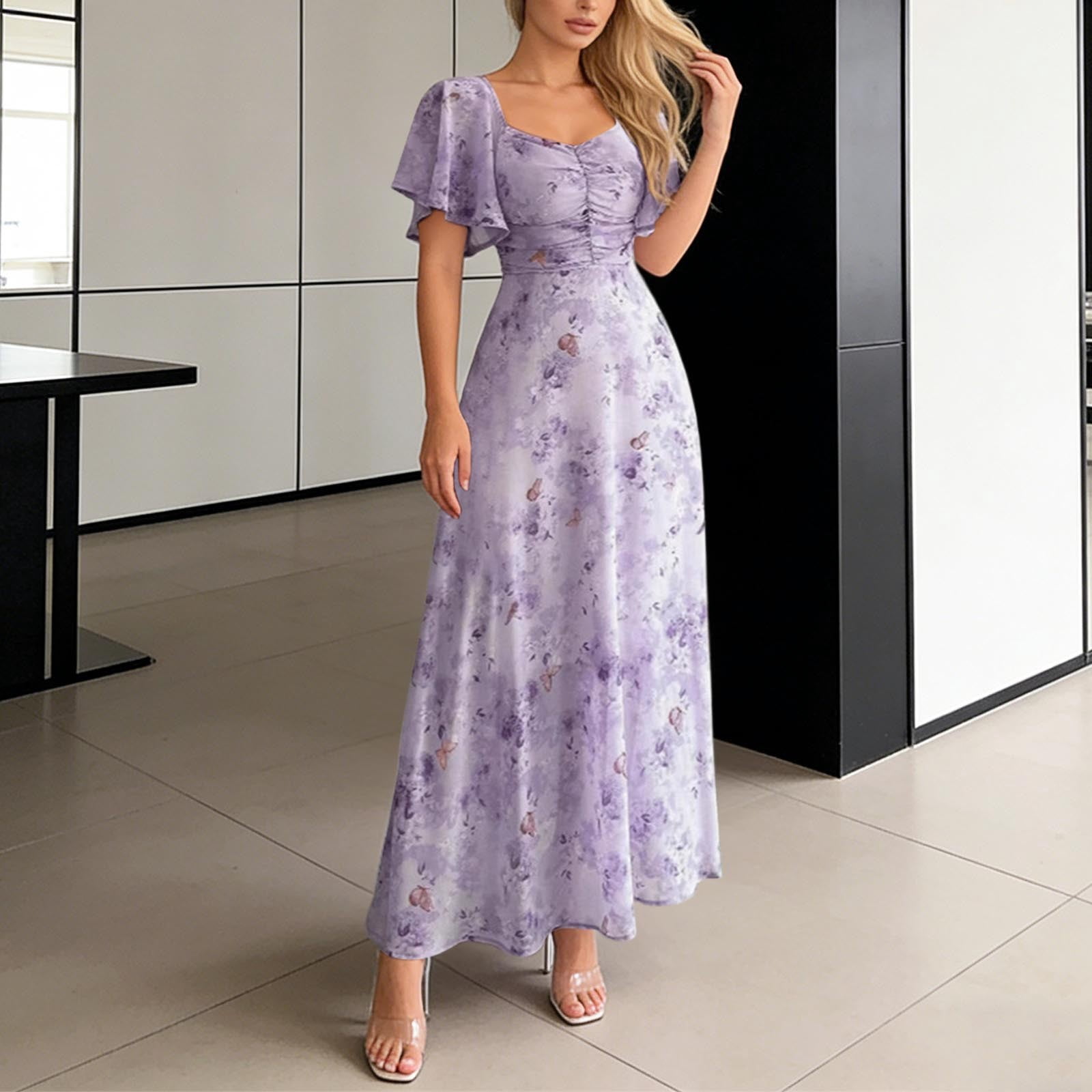 short flowy flower dress Huowey Women Summer Floral Sleeve Square Collar Ruched Flutter Slim Fit Lined Elegant Casual A-Line Fashionable Lightweight Boho Vintage Party Beach Long Dresses,Purple,S GARAGE SALE
