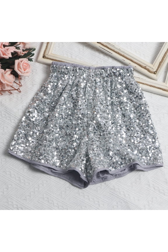 Women Summer Sequin Shorts Drawstring High Waist Wide Leg Casual Solid Color Loose A Line Sparkly Glitter Fashionable Performance Party Clubwear Night Out Shorts,Silver,S