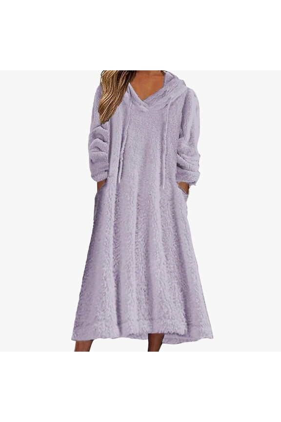 Women Sweater Dress Solid Color Fuzzy Thick Warm Hoodies Oversized Loose Midi Dress Long Sleeve Pocket Winter Fall Hooded Plush Maxi Long Dresses,Purple,L