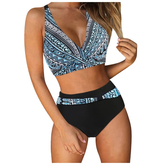 Huowey Women Swimsuit Leopard Front Front Cross Ruched Halter Beachwear Bikini Set V-Neck High Waist Tummy Control Vintage 2 Piece Stylish Swimwears Tankinis Set,Blue,M