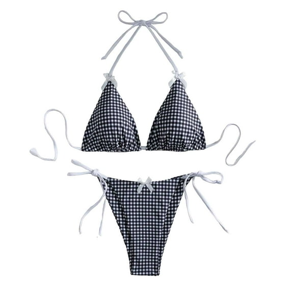 Huowey Women Swimwear 2PCS Gingham Bikini Bikini Set Bow Front Beachwear High Waisted Bathing Suit Swimsuit Brazilian Beachwear Honeymoon Cruise Trendy Wear