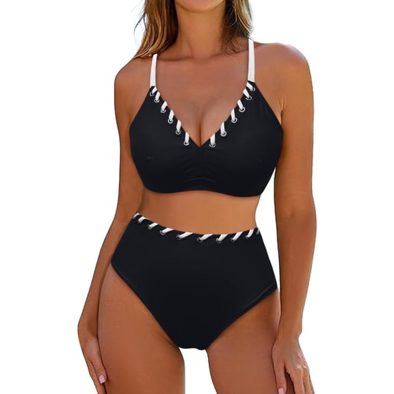 Huowey Women Swimwear 2PCS Swimsuit Bikini Solid Color Boho Bathing Suit Honeymoon Cruise Trendy Wear