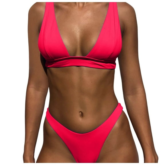 Huowey Women Swimwear 2PCS Swimsuit Solid Color Bikini Beach Vacation Swim Wear Honeymoon Cruise Trendy Wear