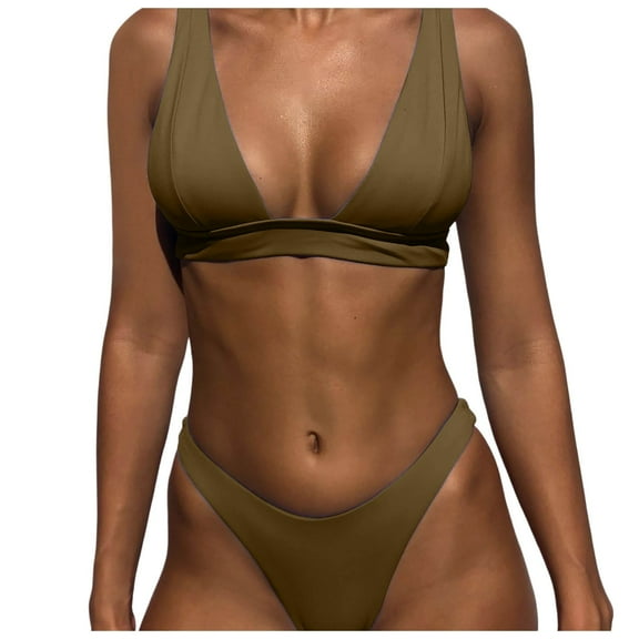 Huowey Women Swimwear 2PCS Swimsuit Solid Color Bikini Bohemian Bathing Suit Honeymoon Cruise Trendy Wear