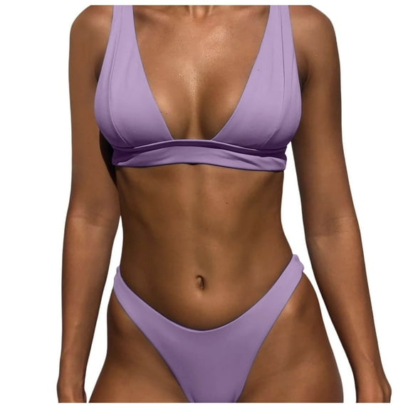 Huowey Women Swimwear 2PCS Swimsuit Solid Color Bikini Vacation Beachwear Honeymoon Cruise Trendy Wear